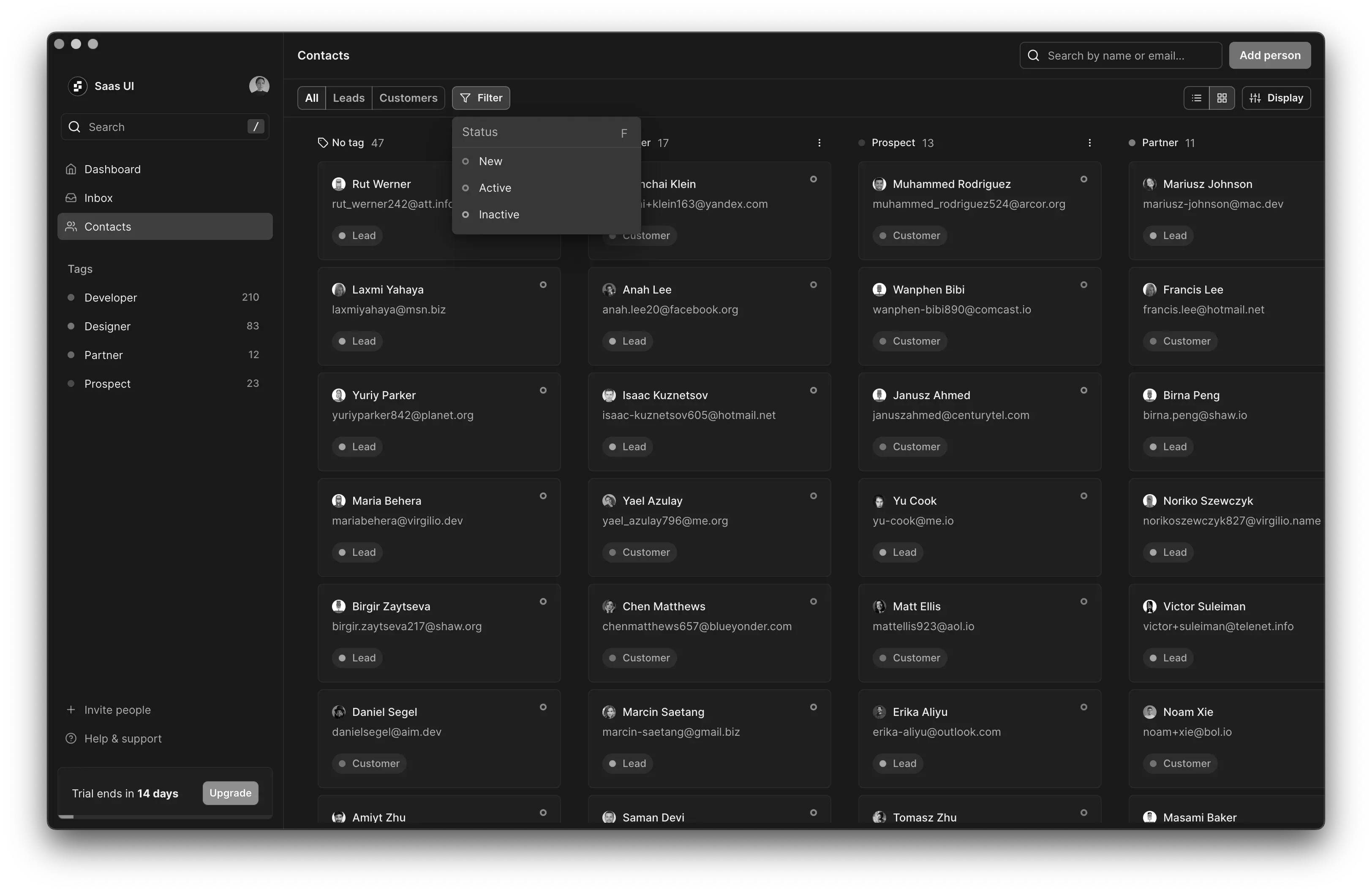 Saas UI app showing a contacts list with lead filters